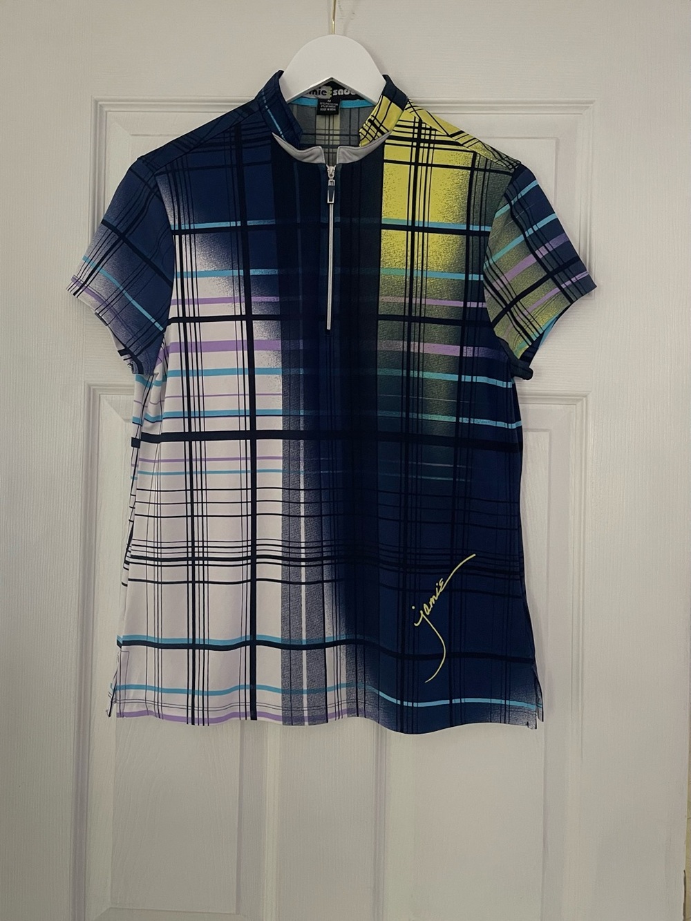 jamie sadock Navy Plaid Short Sleeve Golf Top with Yellow Accent medium